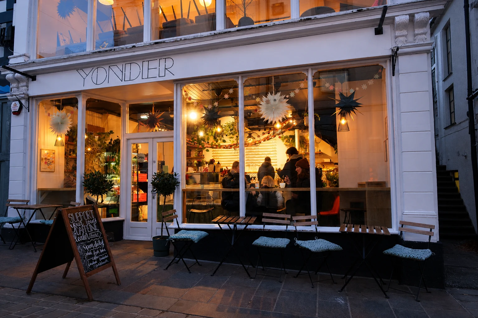 Yonder's Main Street storefront at dusk, editorially retouched